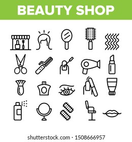 Beauty Shop Collection Elements Icons Set Vector Thin Line. Fan And Mirror, Perfume And Nail Polish, Chair And Scissors Equipment For Beauty Concept Linear Pictograms. Monochrome Contour Illustrations