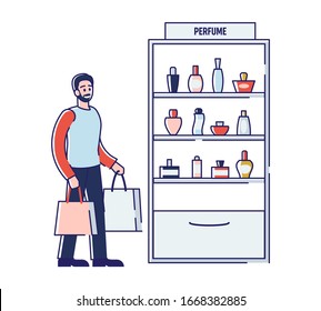 Beauty Shop Concept. Cartoon Male Character Is Buying Perfumes On Gift For Girlfriend Or Wife In Perfume Division. Perfumes, Eco products In Store. Cartoon Outline Linear Flat Vector Illustration