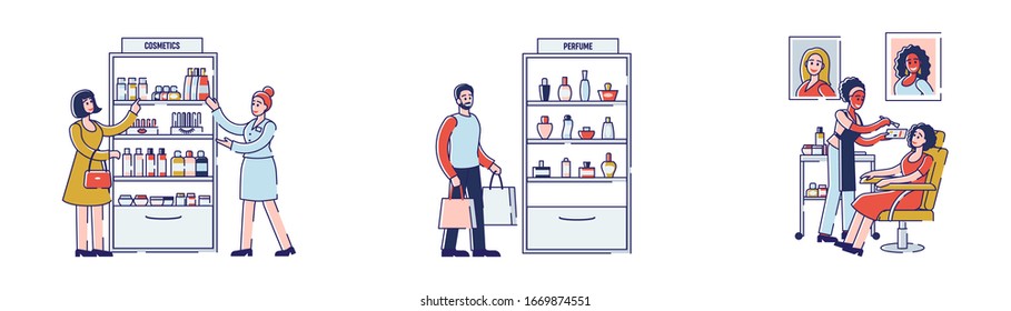 Beauty Shop Concept. People Are Choosing Cosmetics, Buying Presents In Beauty Store, Doing Makeup. Set of Cartoon Outline Linear Flat Vector Illustration