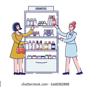 Beauty Shop Concept. Sales Associate Is Consulting Customer On Cosmetics Products And Special Offers. Natural Cosmetics, Eco Products In The Store. Cartoon Outline Linear Flat Vector Illustration