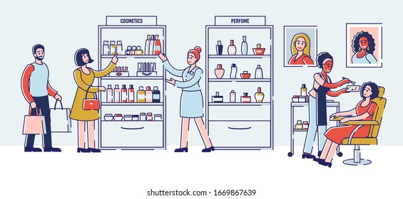 Beauty Shop Concept. Sales Associate Is Consulting Customer On Cosmetics Products And Special Offers. Natural Eco Cosmetics In The Store. Cartoon Outline Linear Flat Vector Illustration