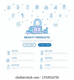 Beauty shop concept. Woman using cosmetics: skin care, cream, gel, organic cosmetics, make up, soap dispenser, nail care, beauty box. Vector illustration.
