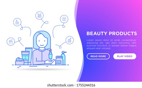 Beauty shop concept. Woman using cosmetics: skin care, cream, gel, organic cosmetics, make up, soap dispenser, eauty box. Vector illustration.