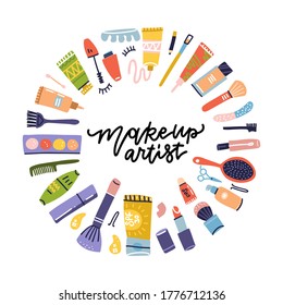 Beauty shop cosmetic label doodle frame for makeup artist. Lipstick and shampoo, powder and mascara, lotion bottle and cream icons. Cosmetics items. Vector Flat hand drawn icons illustration.