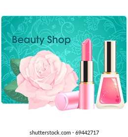 Beauty shop design elements - pink lipstick, nail enamel and rose