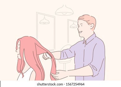 Beauty shop, haircare cut concept. Young professional hairdresser makeup artist combs client treats hair. competent employee in salon communicates with regular customer during work. Flat vector