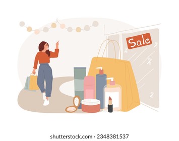 Escaparate de belleza aislado concepto de ilustración vectorial. Tienda cosmética, compra de productos para el cabello y el cuidado de la piel, tarjeta de regalo, tienda de artículos, mercado de moda, salón de maquillaje, concepto de vector de venta de viernes negro.