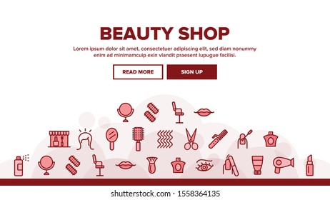 Beauty Shop Landing Web Page Header Banner Template Vector. Fan And Mirror, Perfume And Nail Polish, Chair And Scissors Equipment For Beauty Illustration