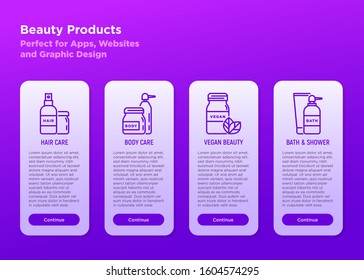 Beauty shop mobile user interface with copy space and thin line icons: hair care, skin care, vegan beauty, bath and shower. Modern vector illustration for mobile app.