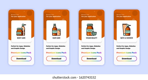 Beauty shop mobile user interface with copy space and thin line icons: hair care, skin care, vegan beauty, bath and shower. Modern vector illustration for mobile app.