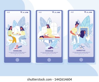 Beauty Shop Onboarding Mobile App Pages Template. Spa Salon Smartphone Application Interface with Flat Illustrations. Beautician Service. Manicure, Massage and Hairstyle Procedures on Phone Screen Set