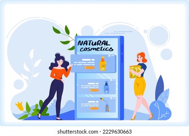 Beauty shop online vector illustration, woman character buy natural cosmetic at online store. Eco natural product shop banner