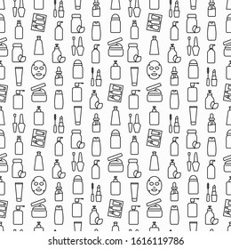 Beauty shop seamless pattern with thin line icons: skin care, cream, gel, organic cosmetics, make up, soap dispenser, nail care, face oil, scrub, shampoo, sheet mask. Modern vector illustration.