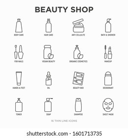 Beauty shop thin line icons set: skin care, cream, gel, organic cosmetics, make up, soap dispenser, nail care, beauty box, deodorant, face oil, scrub, shampoo, sheet mask. Modern vector illustration.