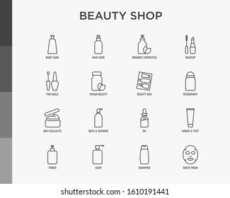 Beauty shop thin line icons set: skin care, cream, gel, organic cosmetics, make up, soap dispenser, nail care, beauty box, deodorant, face oil, scrub, shampoo, sheet mask. Modern vector illustration.
