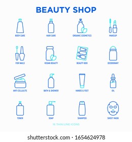 Beauty shop thin line icons set: skin care, cream, gel, organic cosmetics, make up, soap dispenser, nail care, beauty box, deodorant, face oil, scrub, shampoo, sheet mask. Modern vector illustration.