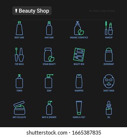 Beauty shop thin line icons set: skin care, cream, gel, organic cosmetics, make up, soap dispenser, nail care, beauty box, deodorant, face oil, scrub, shampoo, sheet mask. Modern vector illustration.