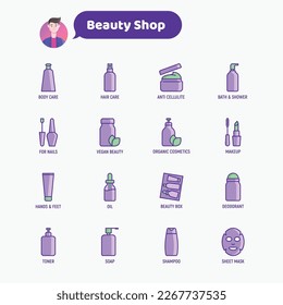 Dünnschichtsymbole des Beauty-Shops: Hautpflege, Creme, Gel, organische Kosmetika, Make-up, Seifenspender, Nagelpflege, Schönheitskasten, Deodorant, Gesichtsöl, Peeling, Shampoo, Bogendämmermaske. Moderne Vektorgrafik.