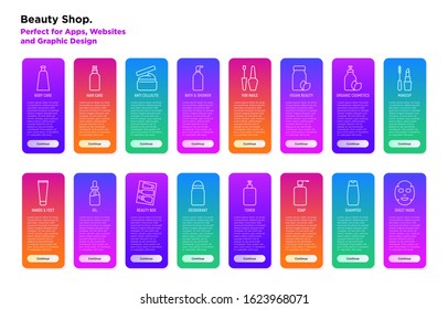 Beauty shop ui templates with thin line icons: skin care, cream, gel, organic cosmetics, make up, soap dispenser, nail care, beauty box, face oil, scrub, shampoo, sheet mask. Vector illustration 