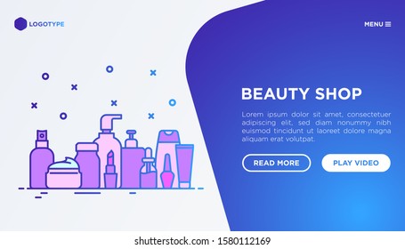 Beauty shop web page template with thin line icons: skin care, cream, gel, organic cosmetics, make up, soap dispenser, nail care, face oil, scrub, shampoo. Modern vector illustration.