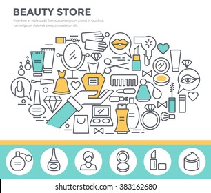 Beauty and shopping concept illustration, thin line flat design
