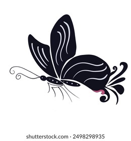 beauty Silhouette of a butterfly with floral ornaments isolated white background . Vector illustration