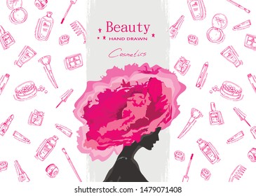 Beauty sketch background. Hand drawn vector illustration of cosmetic. Girl and flower.