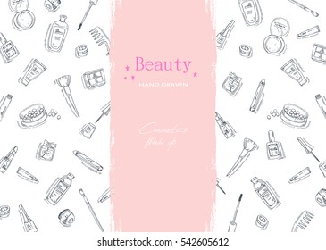 Beauty sketch background. Hand drawn vector illustration of cosmetic.