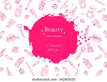 Beauty sketch background. Hand drawn vector illustration of cosmetic.