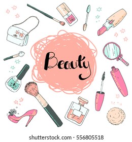 Beauty sketch background. Hand drawn doodle vector illustration of cosmetic and fashion. Pastel colors.