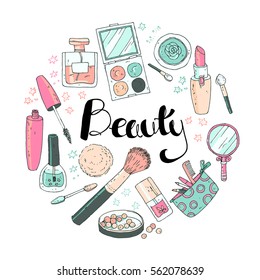 Beauty sketch background. Hand drawn doodle vector round illustration of cosmetic and fashion. Pastel colors. Hand lettering.