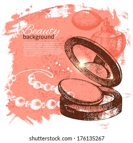 Beauty sketch background. Vintage hand drawn vector illustration of cosmetic accessories