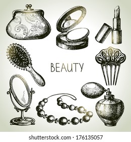 Beauty sketch icon set. Vintage hand drawn vector illustrations of cosmetics 