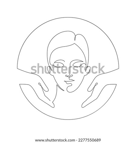Beauty and skin care concept. Vector one line illustration. Human hand hold unisex face avatar by continous line on white background. Design element for fashion, skincare, cosmetology, dermatology