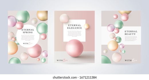 Belleza, cuidado de la piel, póster de cosmética o cubierta de estilo moderno minimalista con esferas de perlas de tonos pastel. Concepto para la industria de la belleza. Diseño de moda en venta, publicidad, anuncios de moda