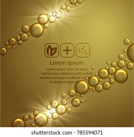 Beauty skin care design over golden backdrop. Vector illustration.Shining golden essence droplet.Bubbles oil Serum Skin Care Cosmetic.Collagen Sollution. Vector 3d illustration