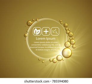 Beauty Skin Care Design Over Golden Backdrop. Vector Illustration.Shining Golden Essence Droplet.Bubbles Oil Serum Skin Care Cosmetic.Collagen Sollution. Vector 3d Illustration