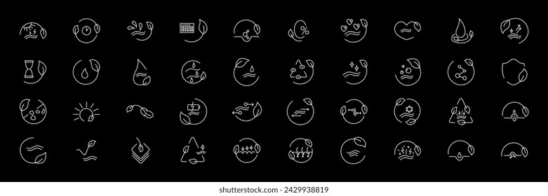 Beauty skin care eco bio icon pack set for patch, cream, mask cosmetic and beauty product, medical clinic, web, packaging. Vector stock illustration isolated on black background. Editable stroke.EPS10