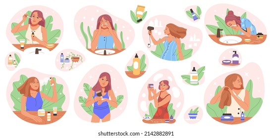 Beauty skin care, face cleanser and moisturiser, doodle cosmetic skincare routine. Cartoon beautiful girls takes care of skin and hair vector symbols illustrations. Self care treatments