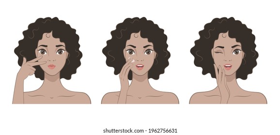Beauty Skin Care. Happy Woman Applying Cosmetic Cream On Clean Face. Vector illustration