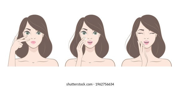 Beauty Skin Care. Happy Woman Applying Cosmetic Cream On Clean Face. Vector illustration