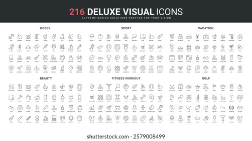 Beauty skin care and hygiene, travel vacation, sports and active games line icon set. Fitness training and golf club, athletes and players equipment thin black outline symbols vector illustration