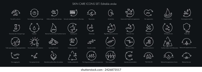 Beauty skin care icon pack set for patch, cream, mask cosmetic and beauty product, medical clinic, web, packaging. Vector stock illustration isolated on black background. Editable stroke.EPS10