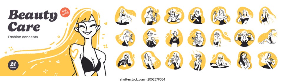 Beauty, skin care, manicure, facial mask, makeup, pedicure, haircut, cosmetics, hair coloring, massage line icons set, vector illustration. Signs and symbols collection