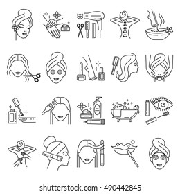 Beauty, skin care, manicure, facial mask, makeup, pedicure, haircut, cosmetics,  hair coloring, massage line icons set, vector illustration. Signs and symbols collection