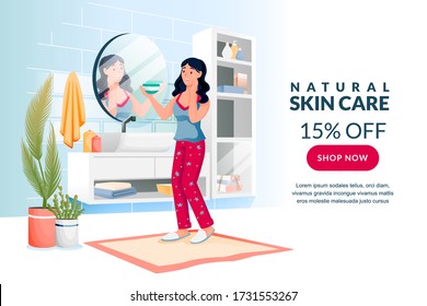 Beauty, skin care, morning routine concept. Young woman using facial anti wrinkle treatment cosmetics. Vector flat cartoon character illustration. Girl holding face moisturizer cream opposite mirror