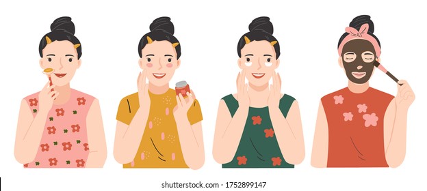  Beauty skin care routine. Beauty procedures skin care concept. Cleansing, moisturizing, face massage with roller. Young woman applying facial gray mud clay mask to her face. Hand drawn vector set. 