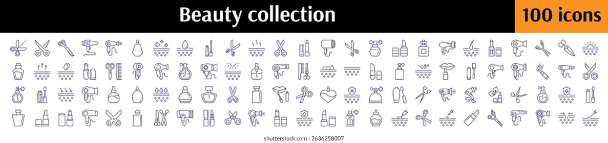 Beauty, Skin Care, Scissors, Hair Dryer, Lipstick, Perfume Modern Outline Style Icons for Design, Cards, Apps, Social Networks