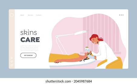 Beauty, Skin Care, Wellness Landing Page Template. Carácter femenino que aplica procedimiento de máscara facial en salón de spa. La mujer procesadora de doctores se enfrenta a los cosméticos naturales. Ilustración de vectores de personas de caricatura