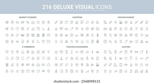 Beauty skin and hair care and makeup, ecommerce, business and economy, market trends line icon set. Shopping for fashion clothes and shoes, accessory thin black outline symbols vector illustration